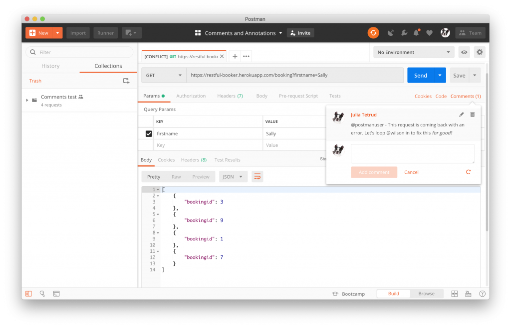 In-app comments in Postman