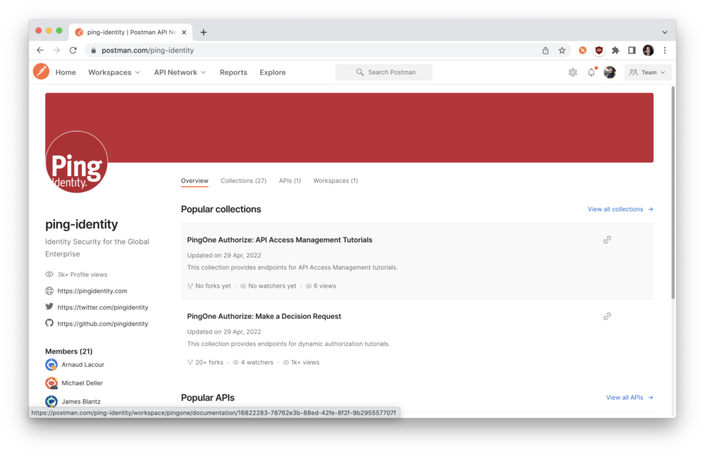 Team profile page listing multiple collections in the Postman API Network