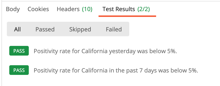 Pane showing two passing tests for positivity rate