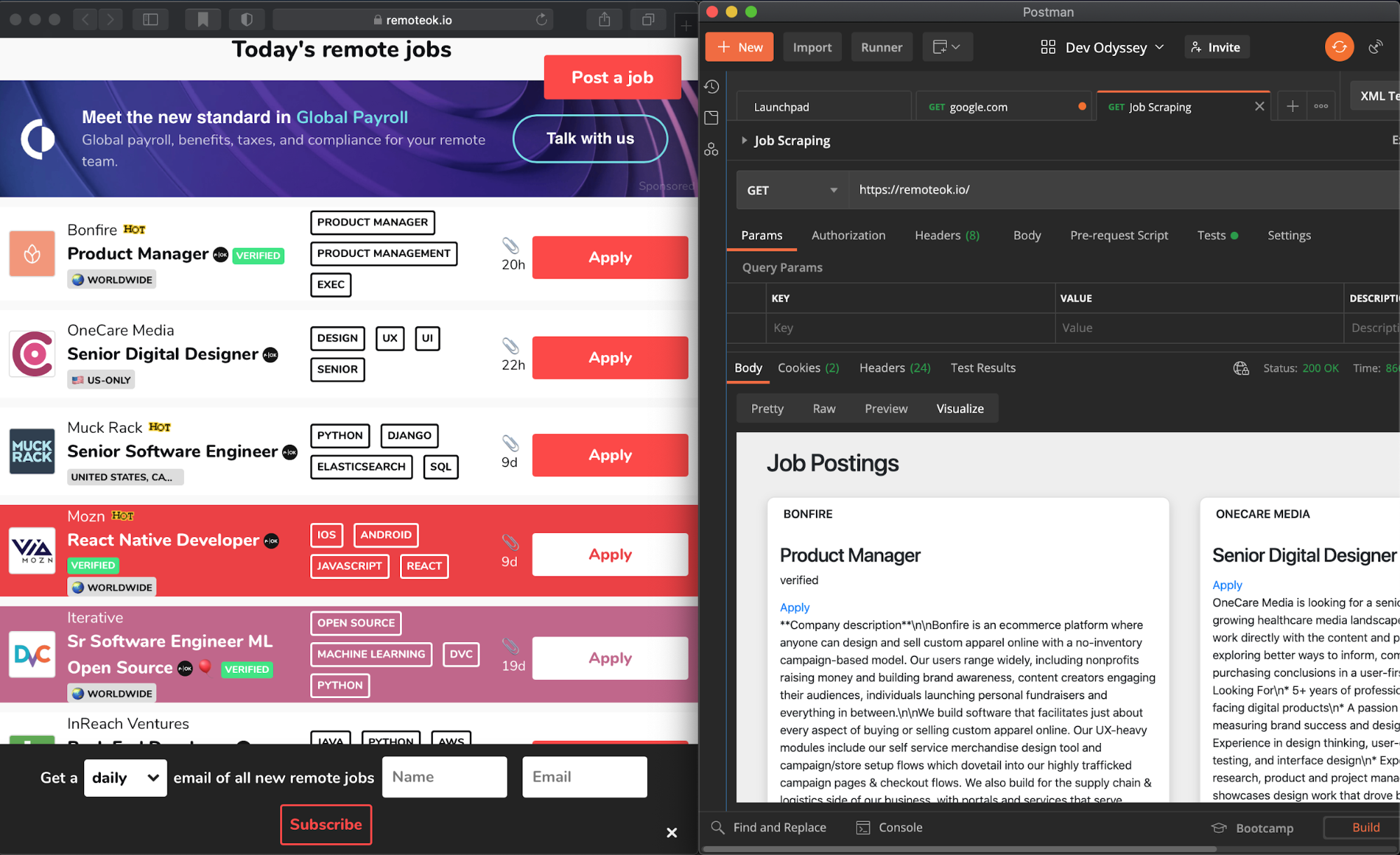 Web scraping remoteok.io data (left) using cheerio.js and Postman Visualizer (right)