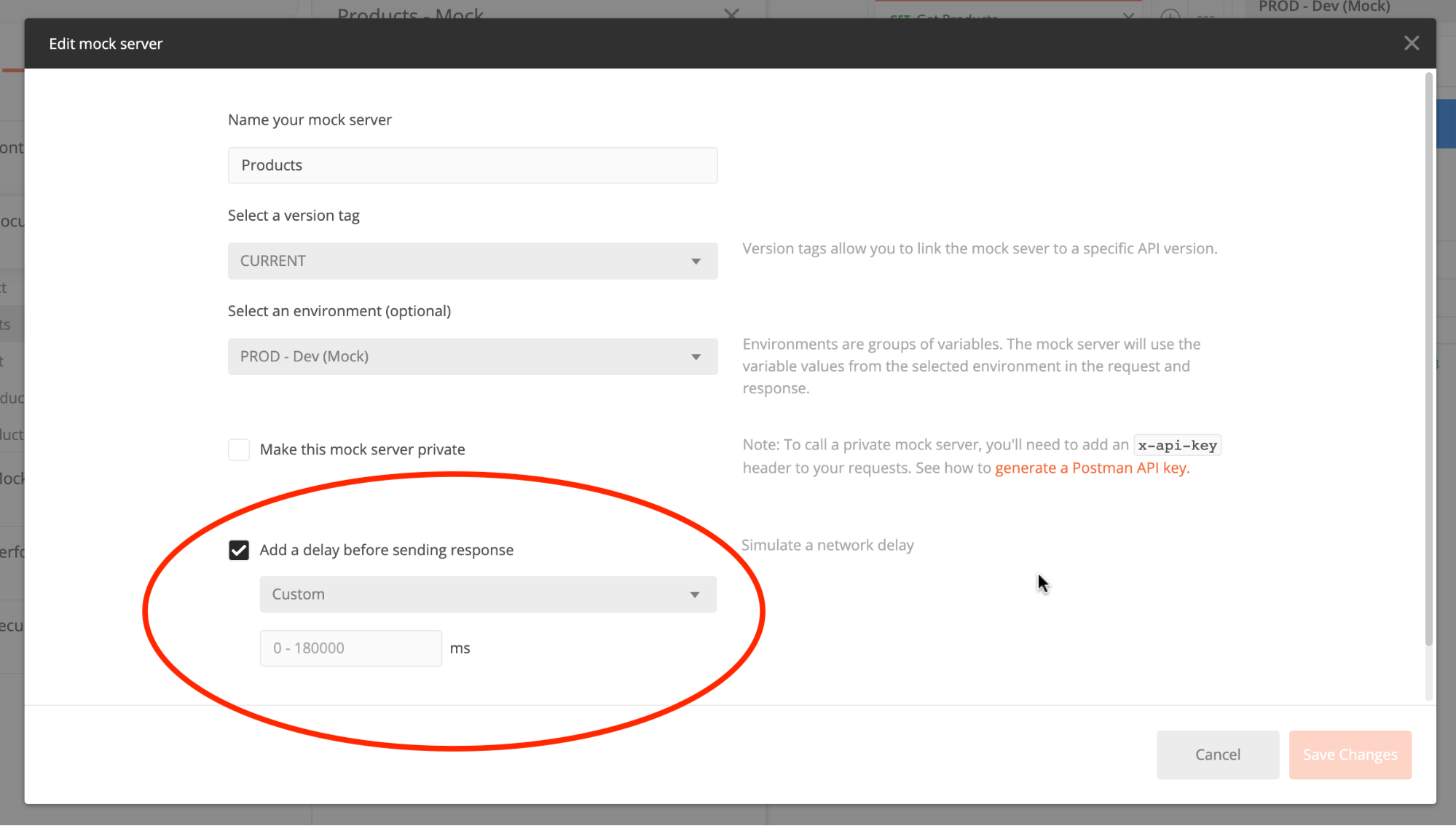 Setting a custom delay in a mock API server