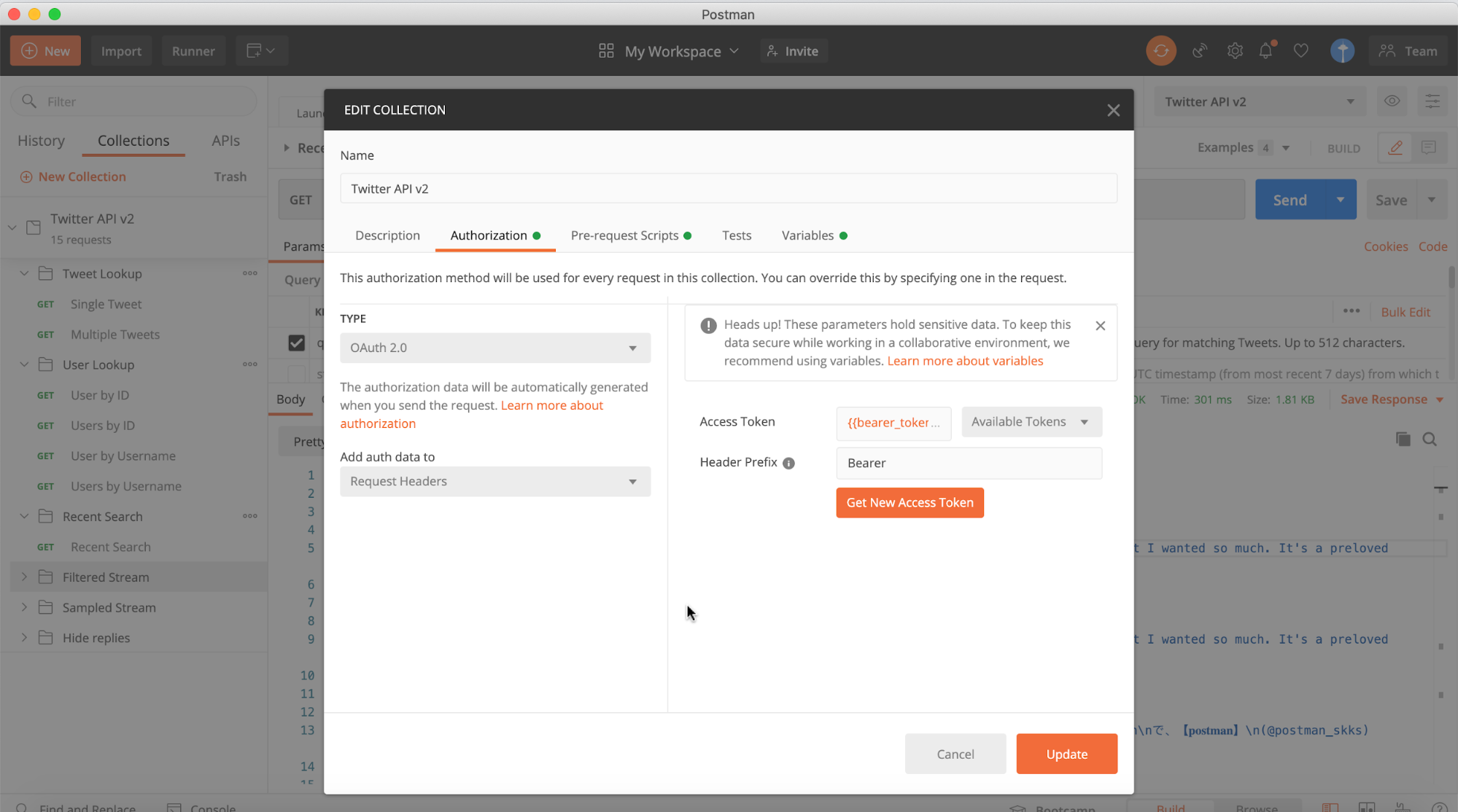 Adding a {{bearer_token}} variable to the authentication tab for your Twitter API v2 collection in Postman