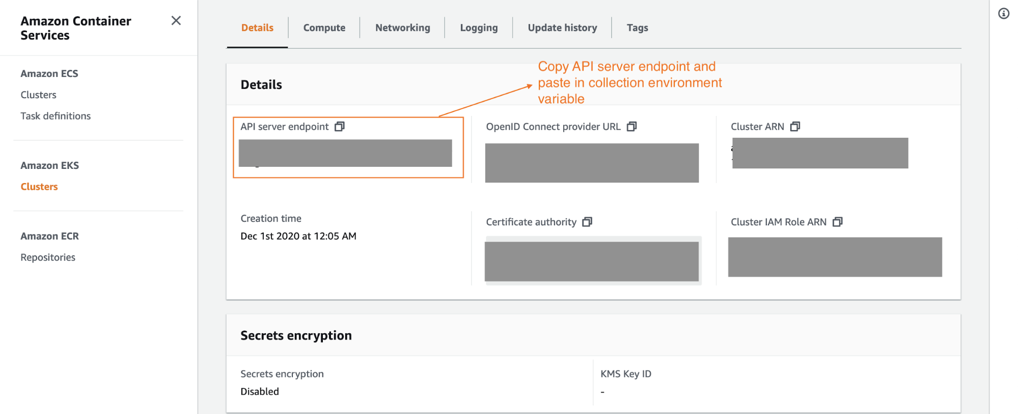 API server endpoint of Kubernetes cluster on Amazon EKS