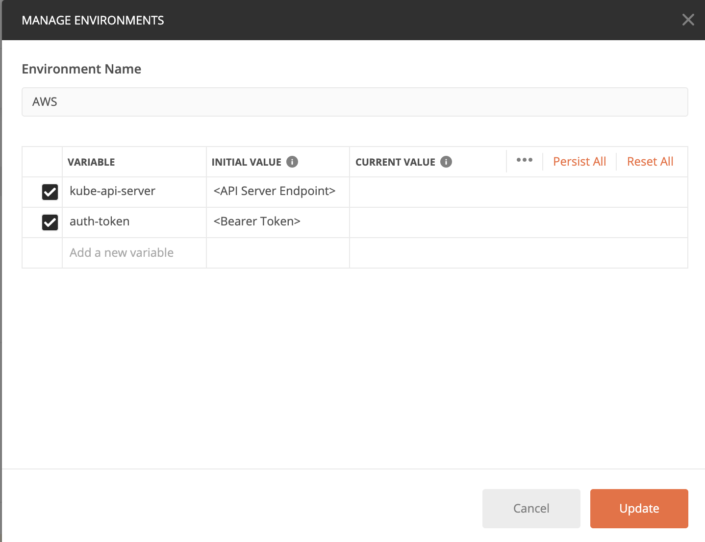 Environment variables for AWS environment