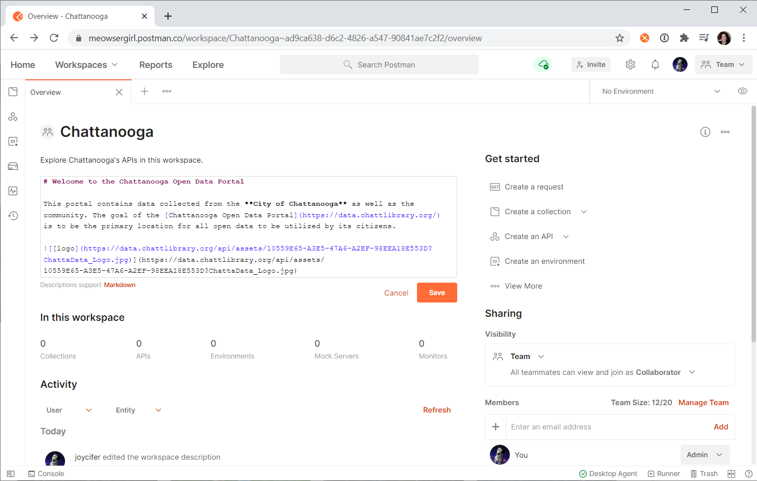 Add a workspace description using markdown