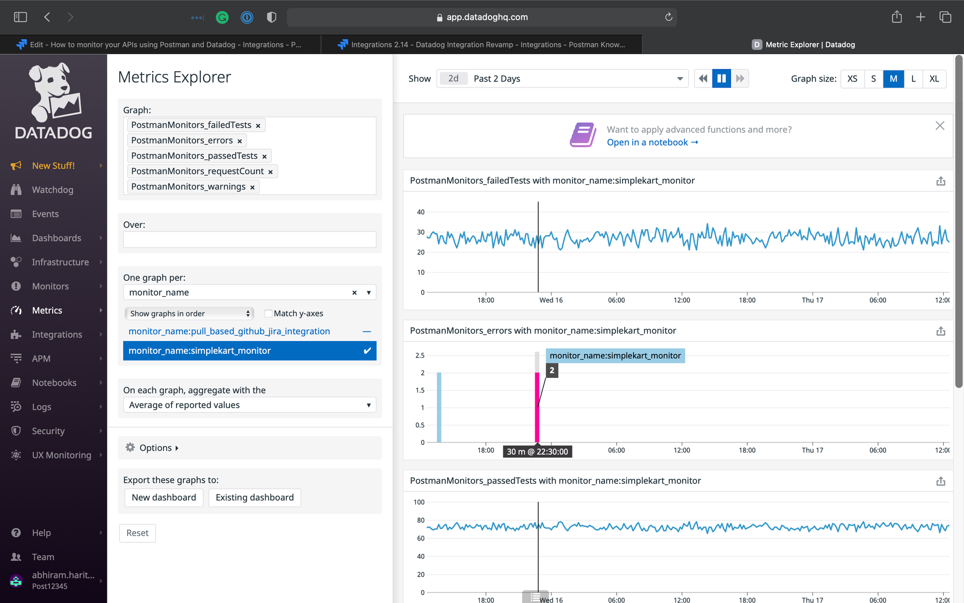 Number of tests passed and failed, and the API errors being analyzed together on Datadog