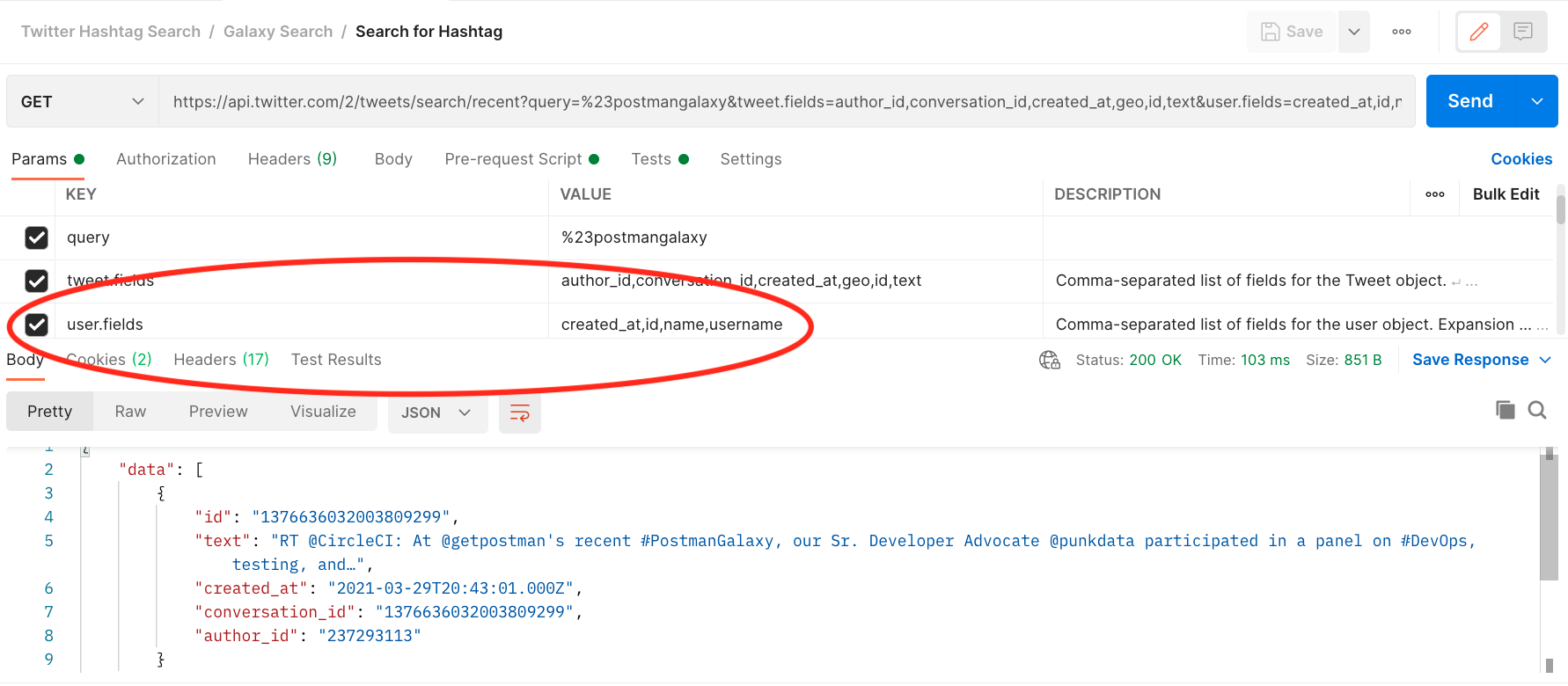 Example request with several values in the user.fields param, yet the corresponding response includes no user info