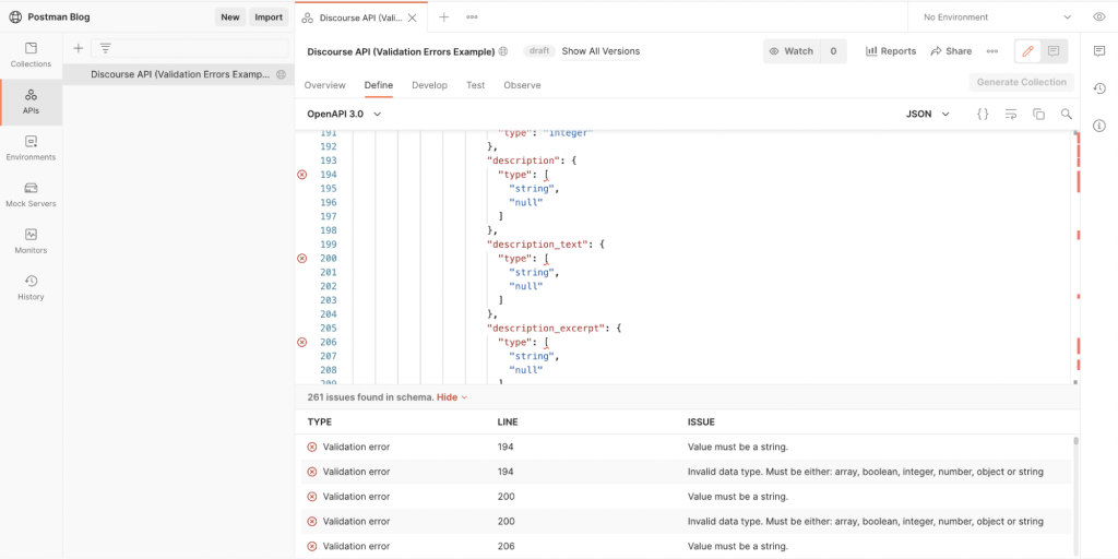 Discourse API (Validation Errors Example) demonstrating validation errors