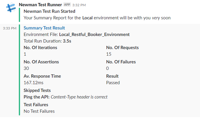 Slack message linking to the custom HTML report