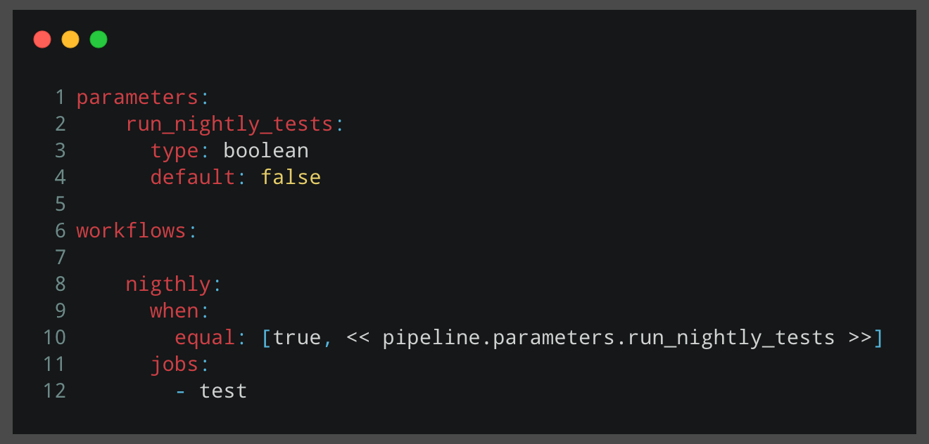 A config.yml file configuration with parameters and conditional workflow