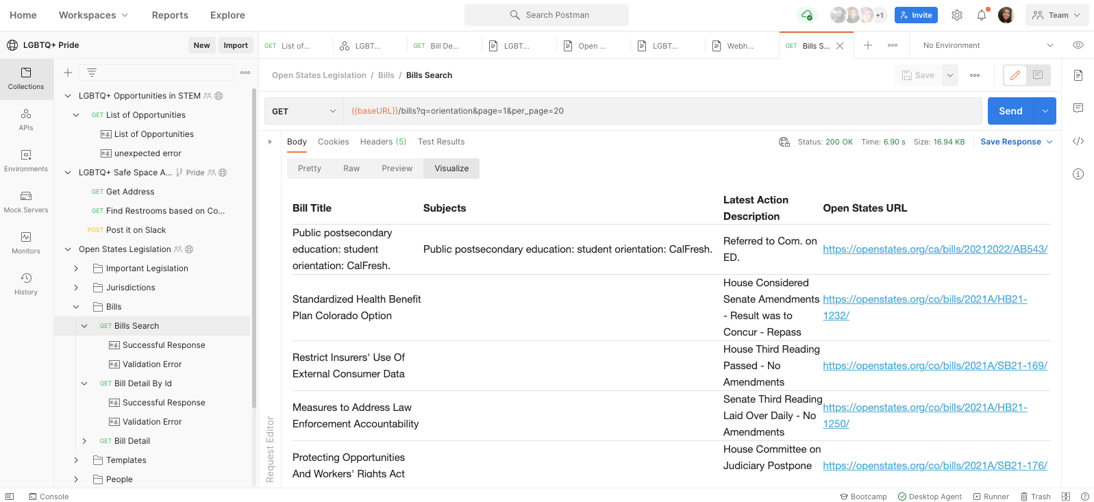 Bills listed in a tabular format via Postman Visualizer