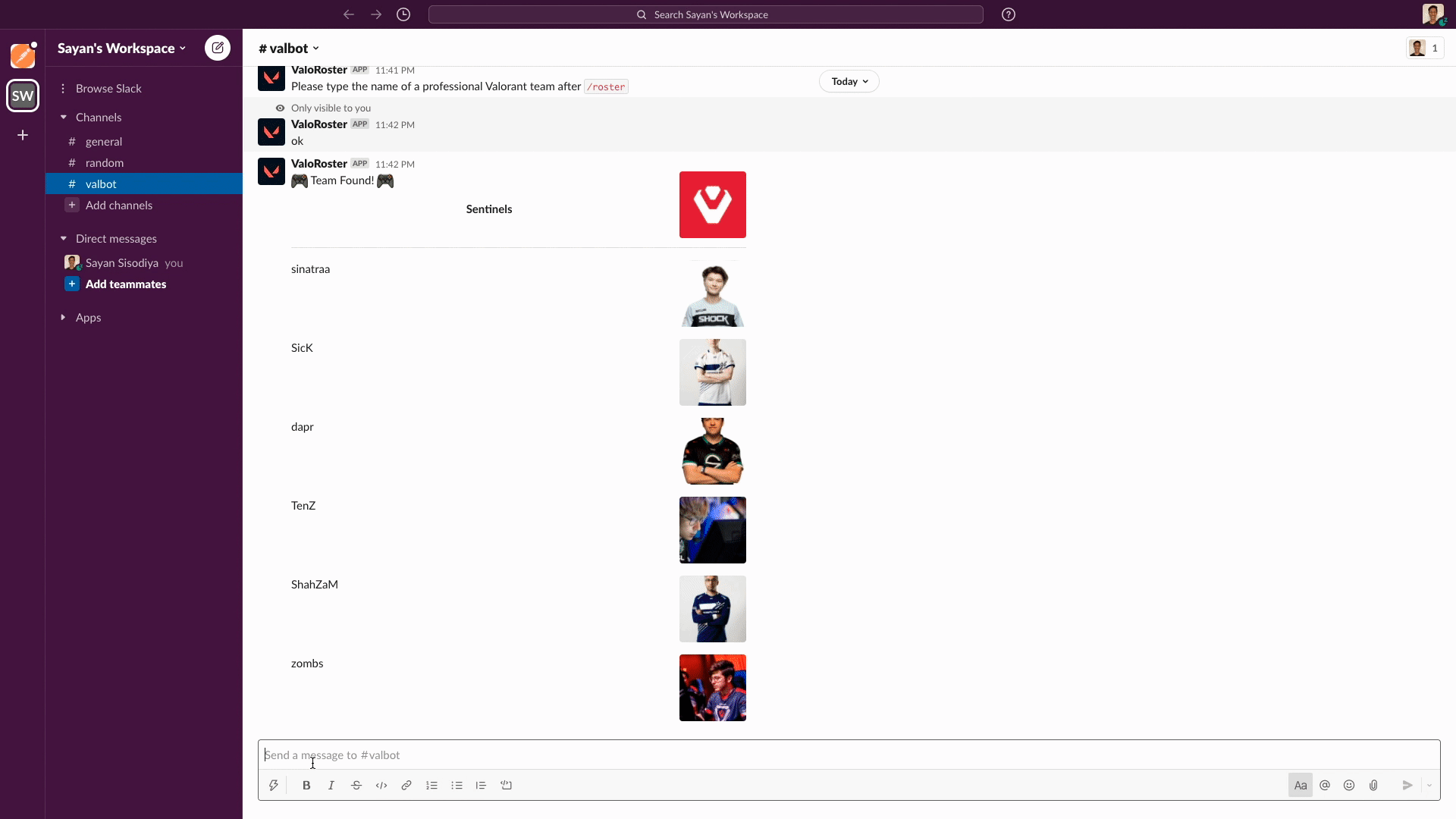 ValoRoster returning team and player info in Slack