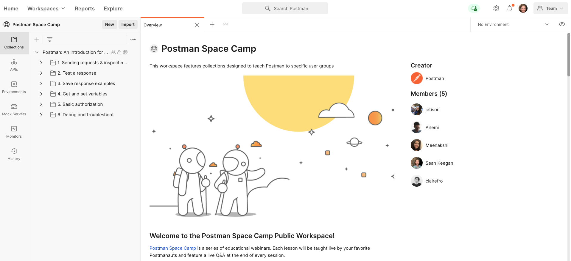 Postman Intergalactic public workspace Overview page