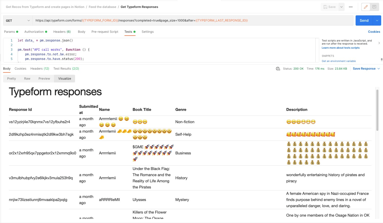 The Visualize tabs shows a table with the details of each typeform response 