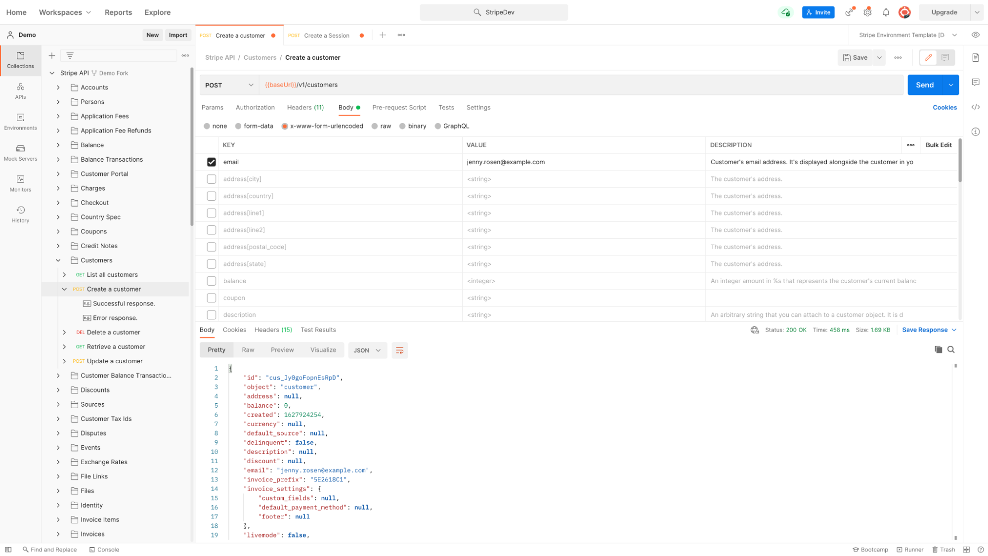 an example of creating a Customer, which is a Stripe object that lets you associate payments, payment methods, and subscriptions with an individual customer