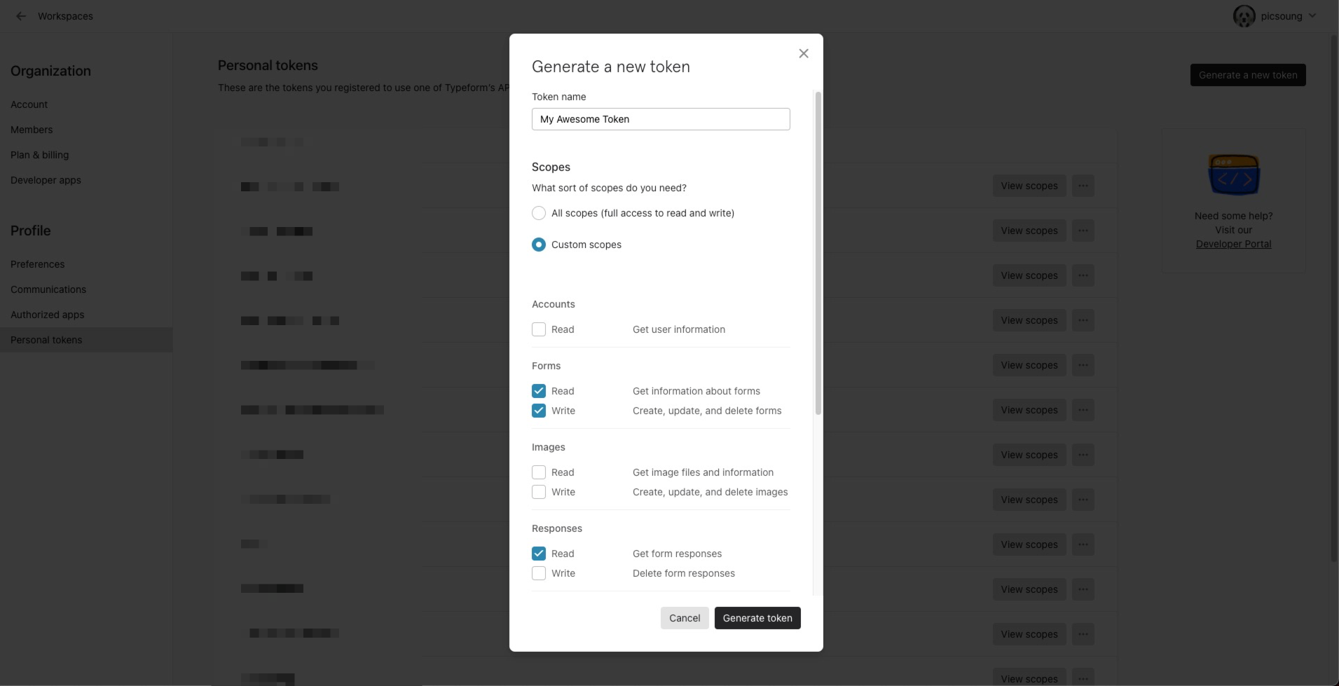 Generating a new Typeform token