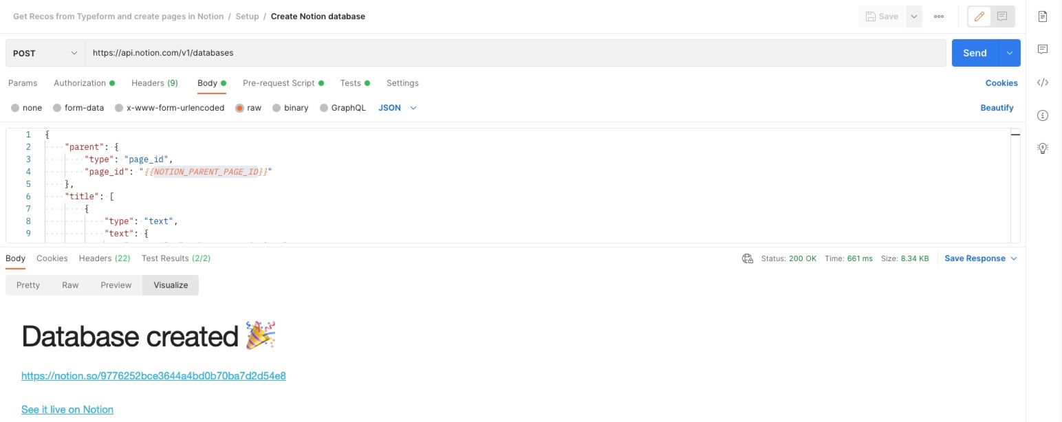 When our Notion page is successfully created, the Visualize tab shows a success screen with a link to the newly created database