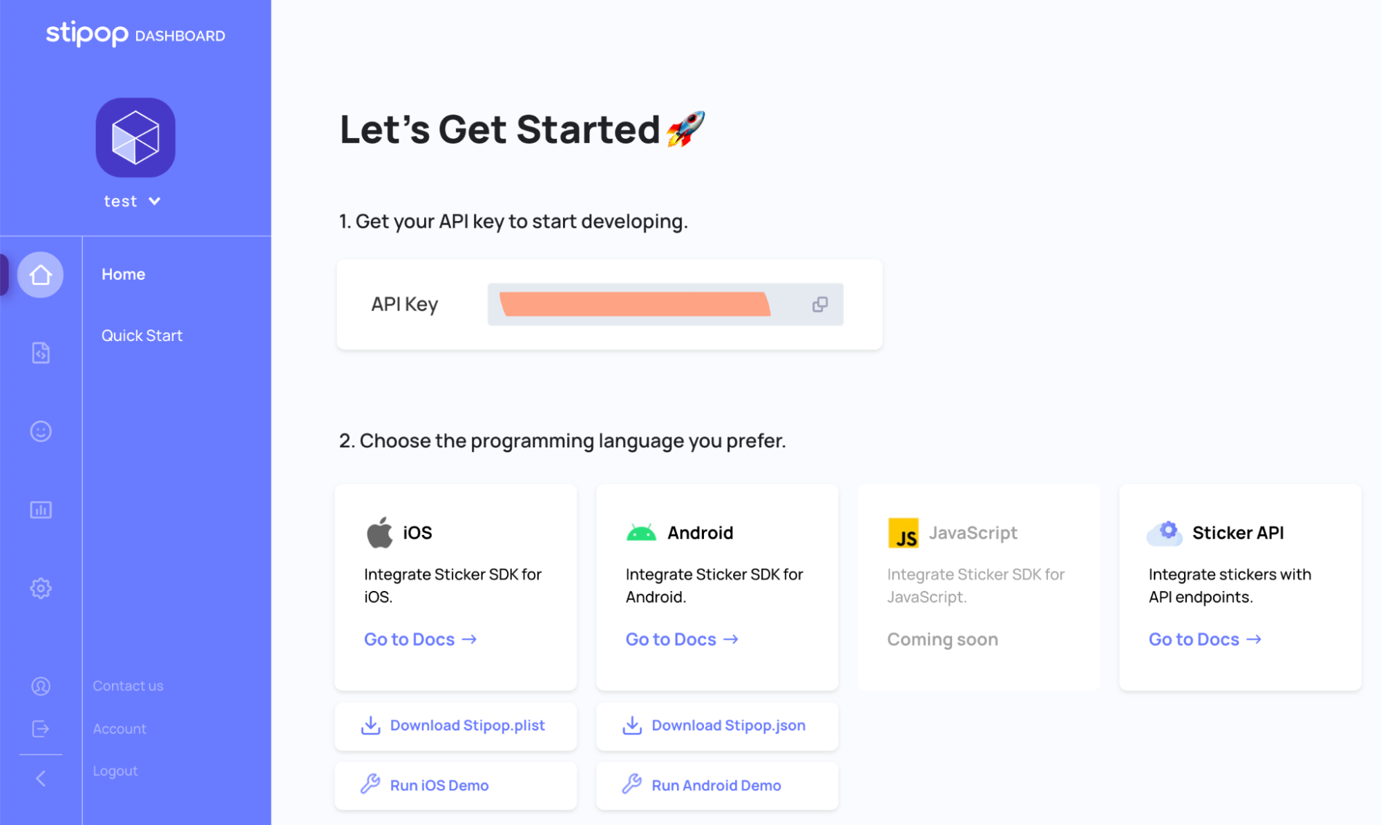 Stipop Dashboard, where you can get your API key and check the performance of stickers in your application