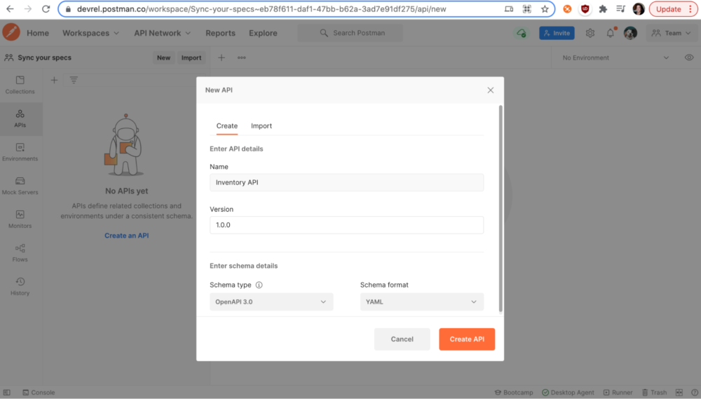 Create new API modal in Postman