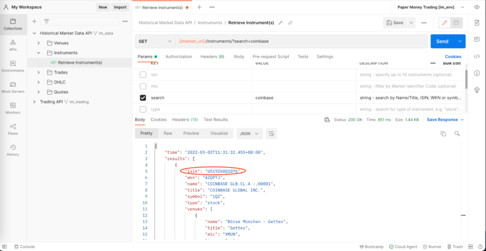 Screenshot of the lemon.markets workspace in Postman showing a search request placed against the instrument endpoint; and the ISIN in the response is circled in red