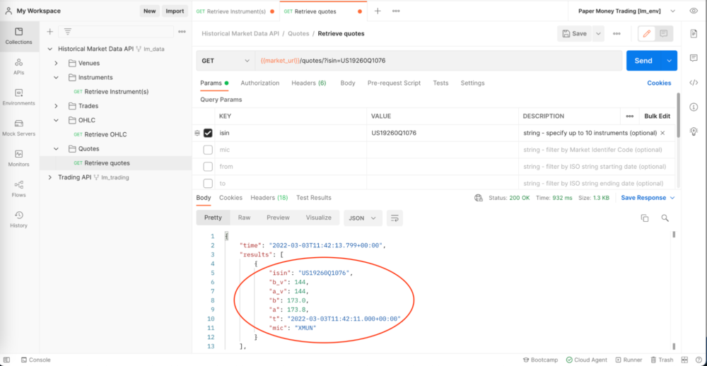 A request against the quotes endpoint shows the latest share price for Coinbase; the response is circled in red