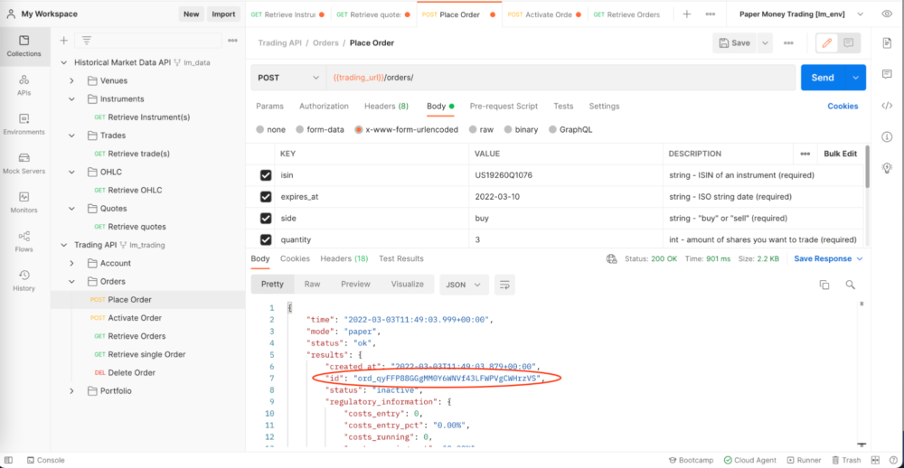 A request against the orders endpoint is made to buy three shares of Coinbase; the order ID is circled in red