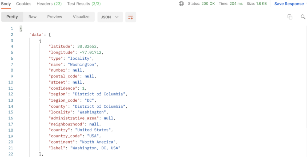 Example of PositonStack Forward Geocoding endpoint 