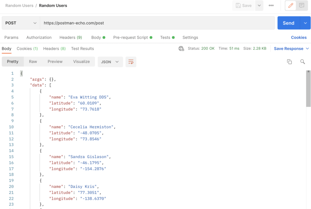 Response that includes random users from Postman Echo Post Request