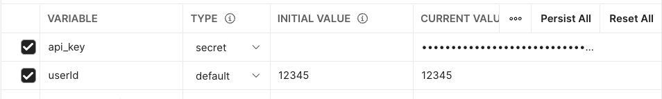 Variable view showing that setting a variable as "secret" masks its value