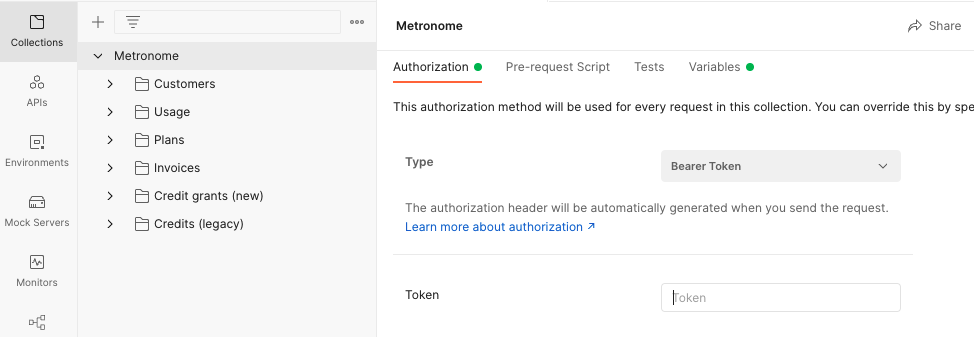 Set the collection authorization to Bearer Token