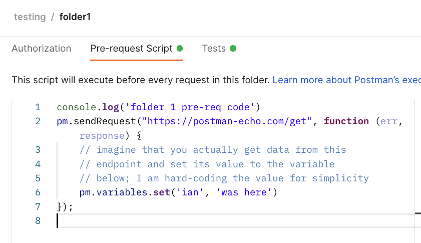 Diagram showing an example of the folder-level pre-request script