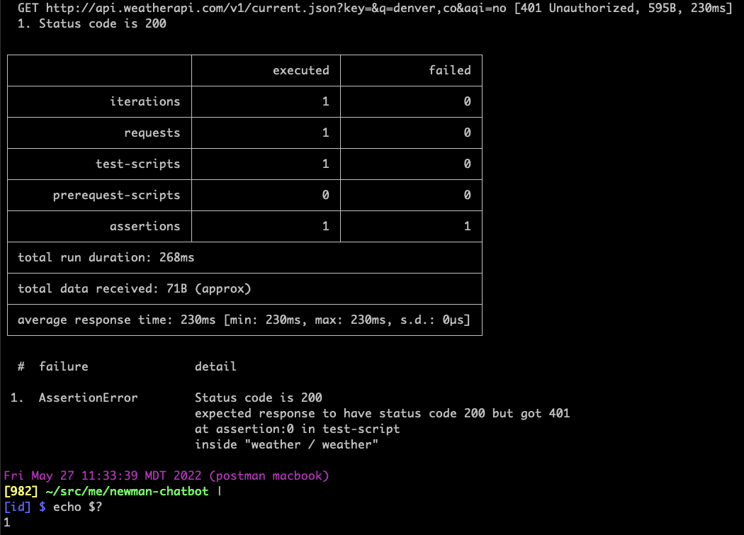 Using the “echo” command to find the Newman exit code