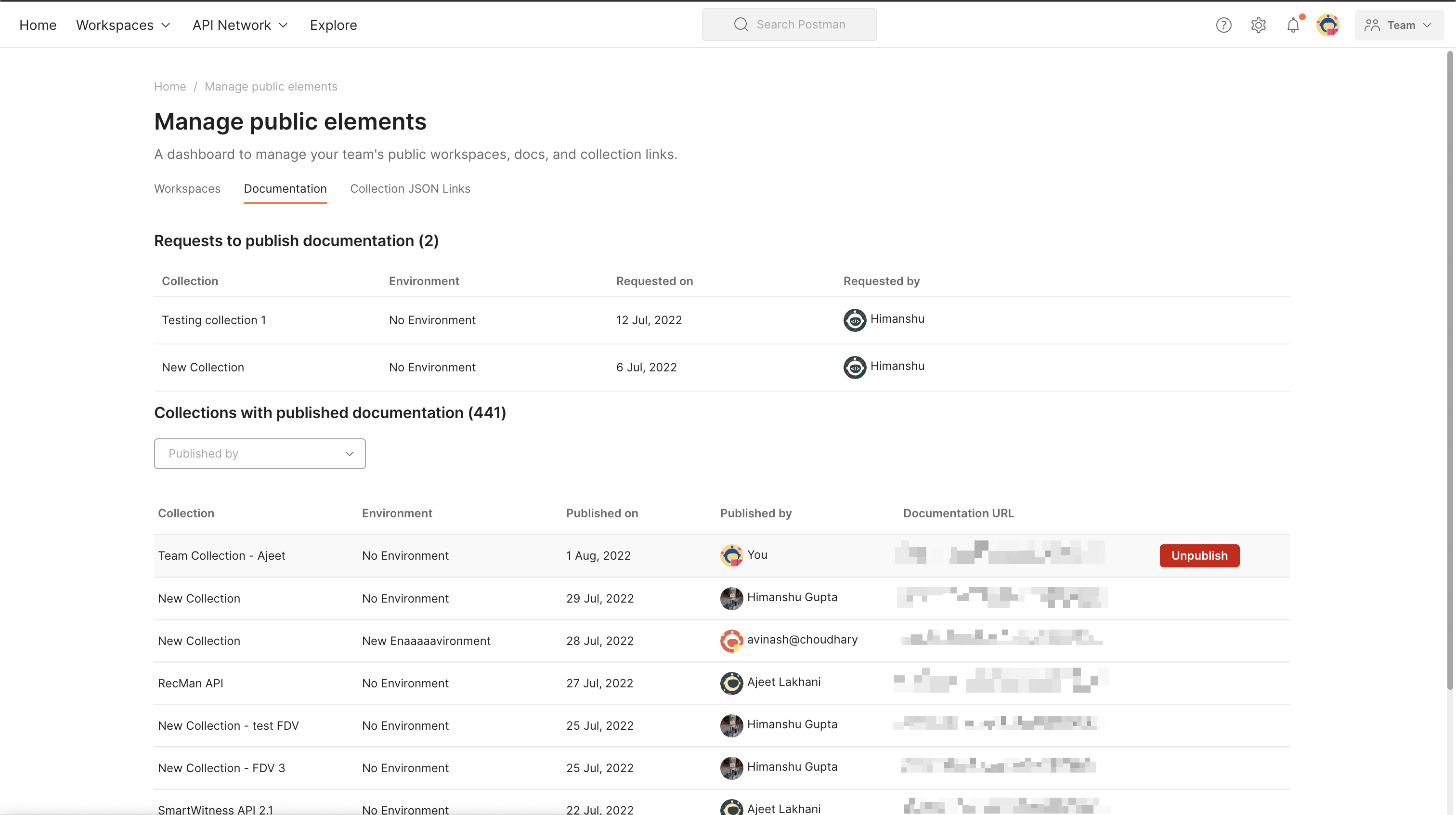 Community managers can access published documentations and unpublish any published documentation using “manage public elements.”