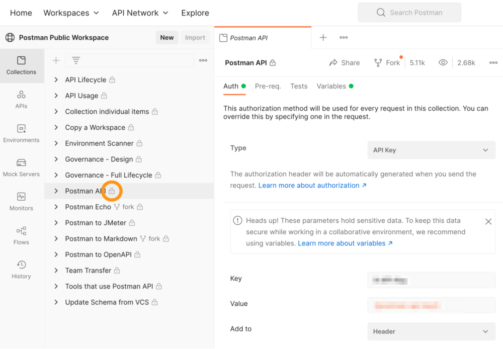 Viewing a collection in the Postman public workspace with the Viewer role