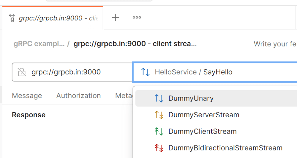 Postman’s gRPC request types, listing the Unary, Client-Streaming, Server-Streaming, and Bidirectional Streaming modes