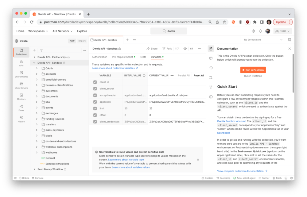 Dwolla sandbox provides sample data and a safe environment for learning