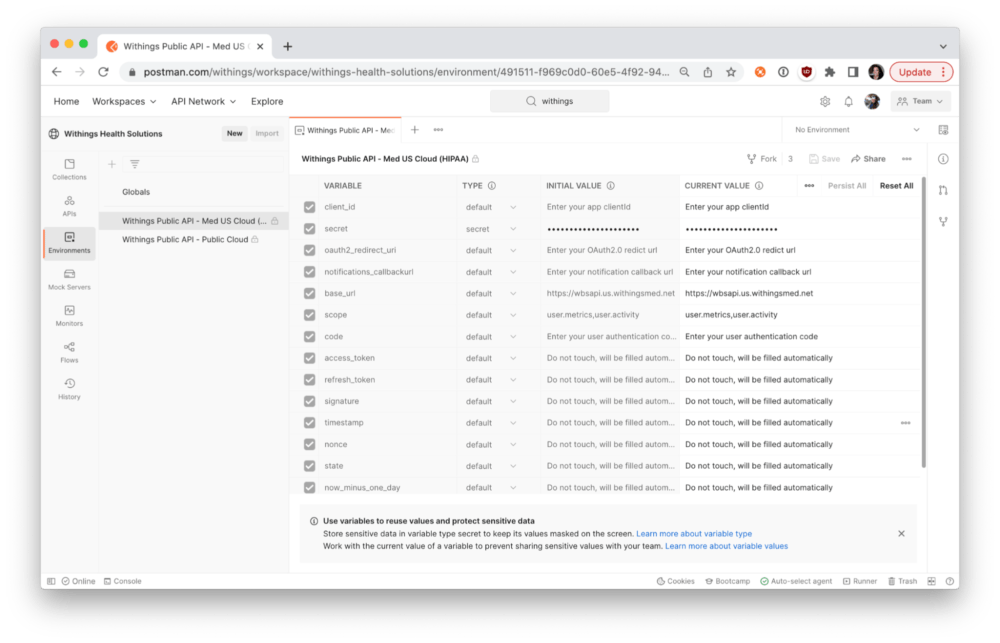 Withings provides scripts to automatically populate values in a Postman environment