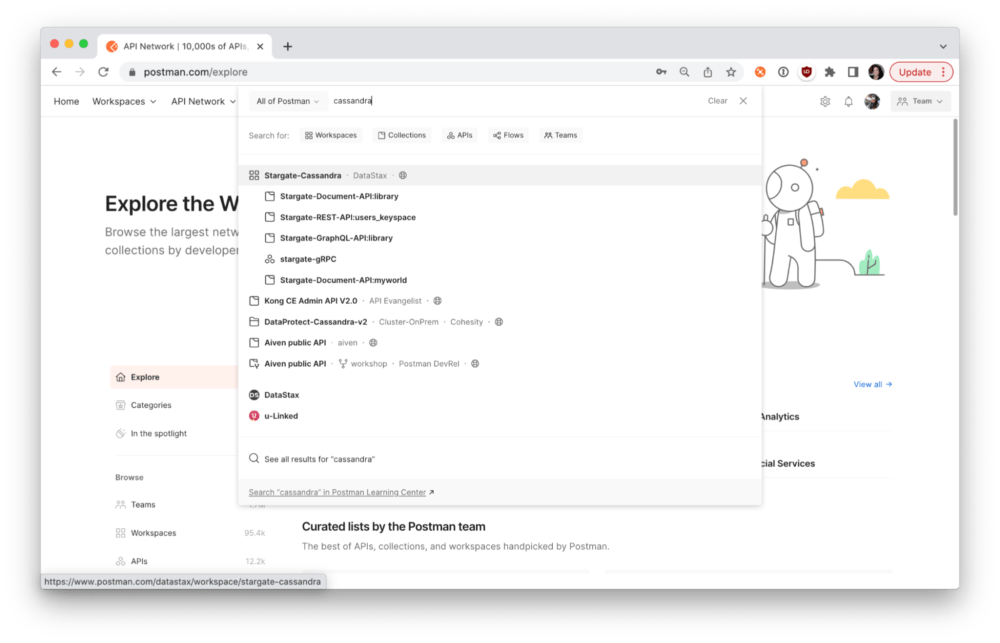 DataStax optimized search results for specific keywords on the Postman API Network