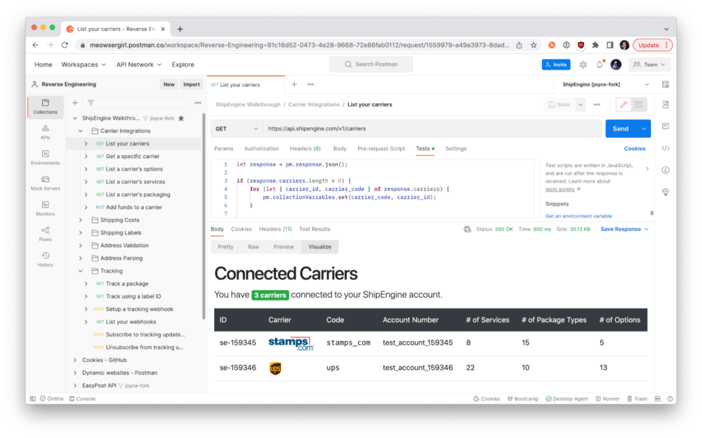 ShipEngine's collection visualizes JSON response data