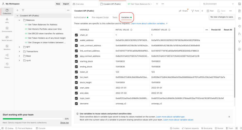 Select the variables tab