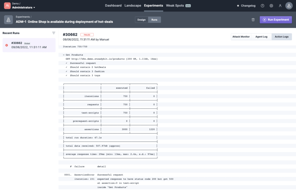 Error logs in Steadybit.