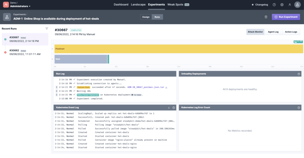 Completed experiment in Steadybit.