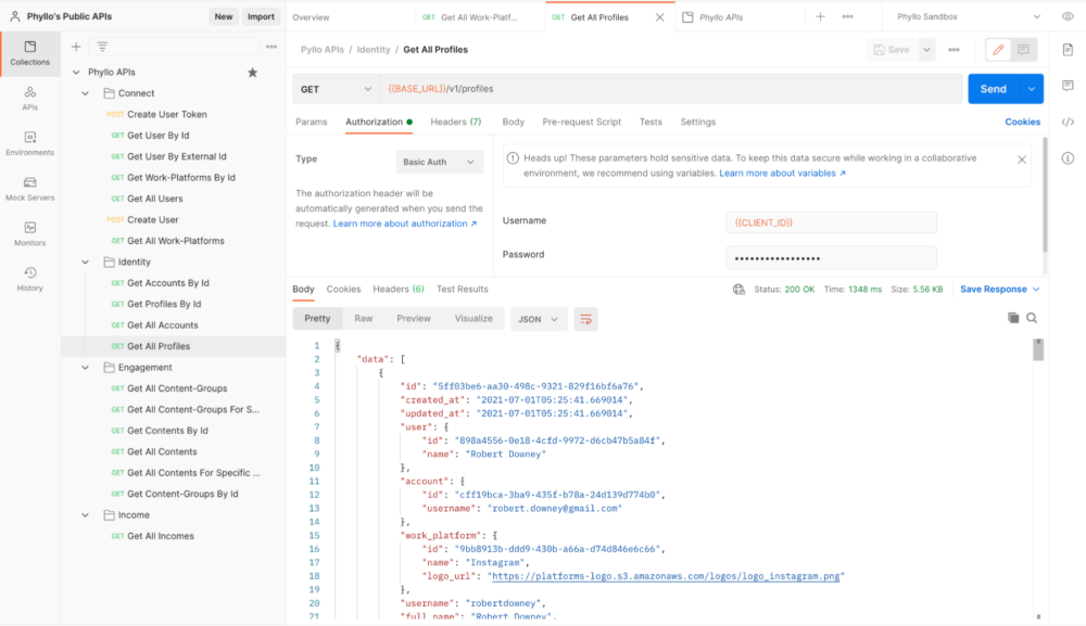 Sending Phyllo requests in Postman