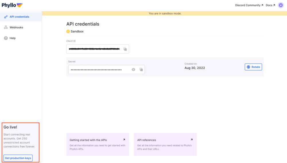 Click on "Get production keys" from the Phyllo Developer Dashboard