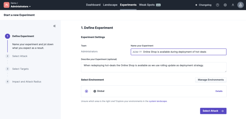 Defining the experiment in Steadybit.