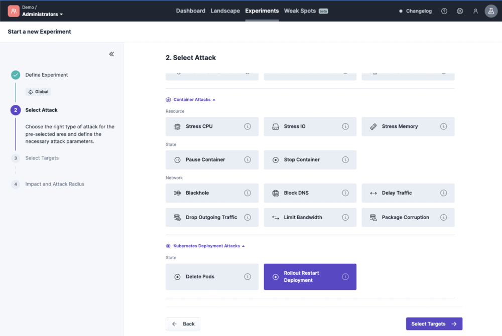 Select an attack method in Steadybit