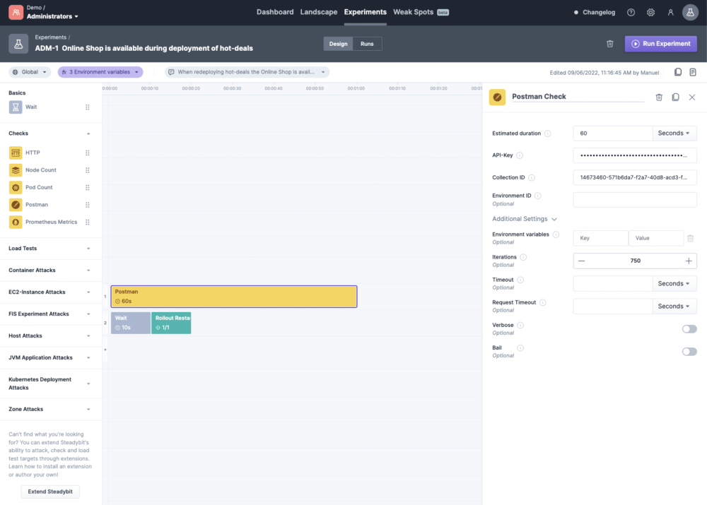 Finalized experiment design in Steadybit.