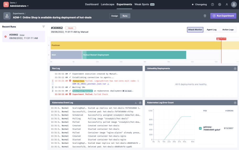 Running the chaos engineering experiment in Steadybit 