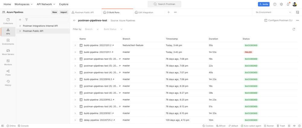 Example of pipeline runs in Postman