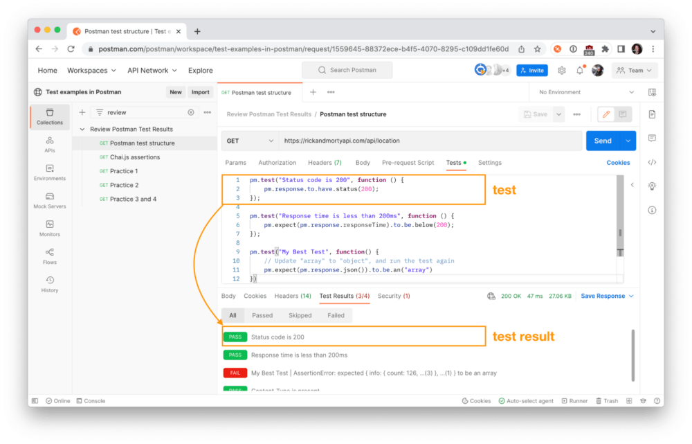  Identify the test by name in the Test Results section